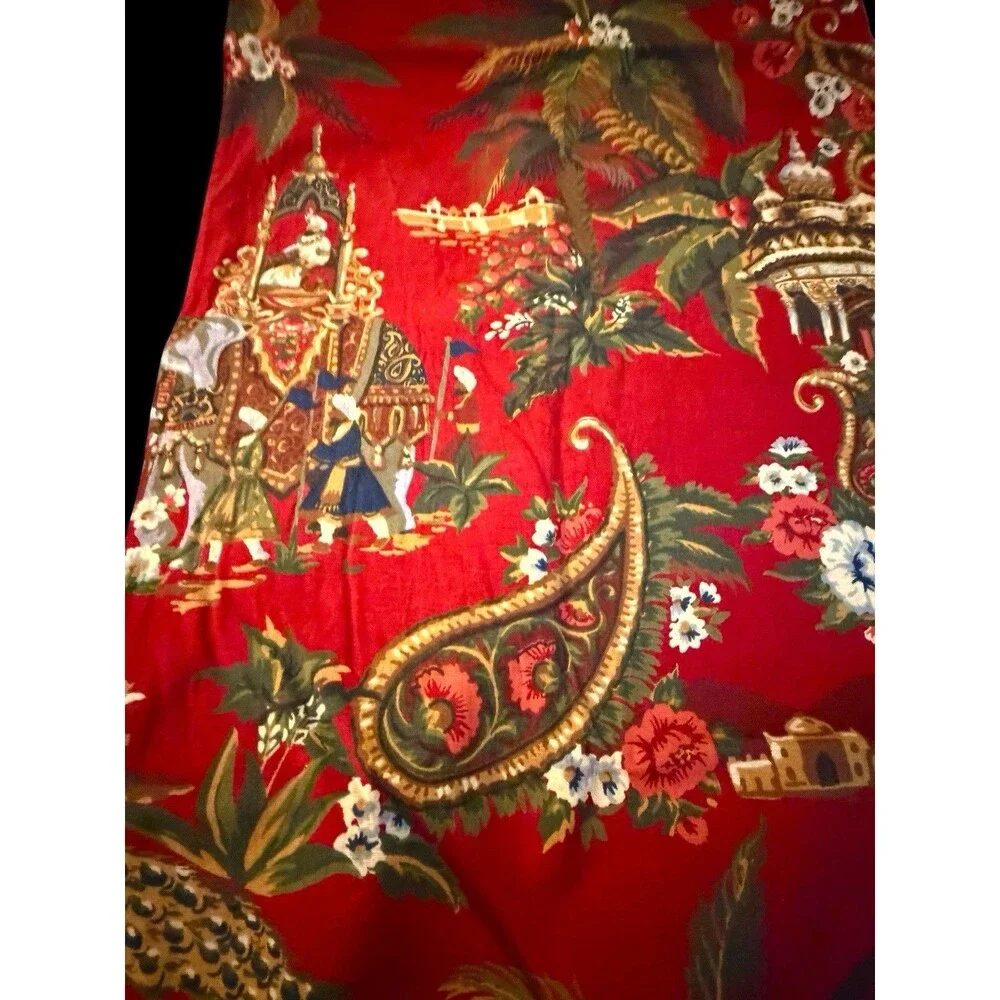 Pottery Barn Red Chinoiserie Elephant/Camel Palm Trees 2 Sided Table Runner